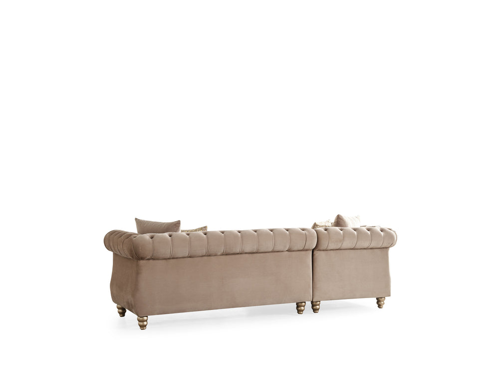 English Elm Gold Taupe Velvet Tufted L-Shaped Sectional Sofa with Quilted Seats, Gold Trim & 4 Accent Pillows B009S01326