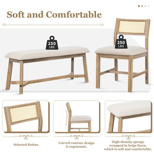 English Elm Trexm Six Seat Farmhouse Dining Set Oak Veneer Table Rattan Chairs Bench Included ST000119AAD