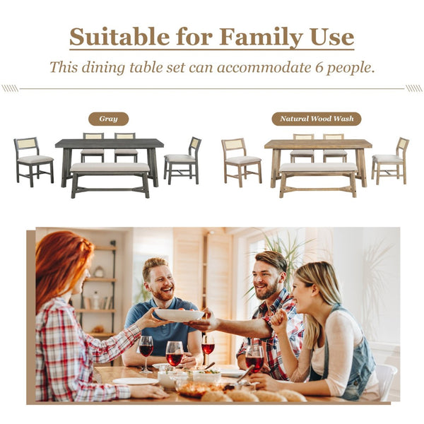 English Elm Trexm Six Seat Farmhouse Dining Set Oak Veneer Table Rattan Chairs Bench Included ST000119AAD