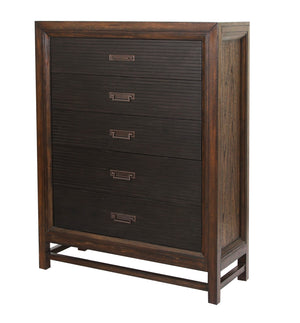 English Elm Five-Drawer Chest in Two-Tone Rustic Buckeye & Black Finish with Antique Brass Hardware, Ready-to-Use B108P163826