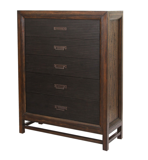 English Elm Five-Drawer Chest in Two-Tone Rustic Buckeye & Black Finish with Antique Brass Hardware, Ready-to-Use B108P163826