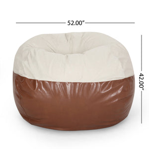 English Elm Maxi Rounded 5-Foot Faux Leather & Fabric Bean Bag Chair with Removable Washable Cover, Cozy Foam Filled Brown+Beige B181P163028
