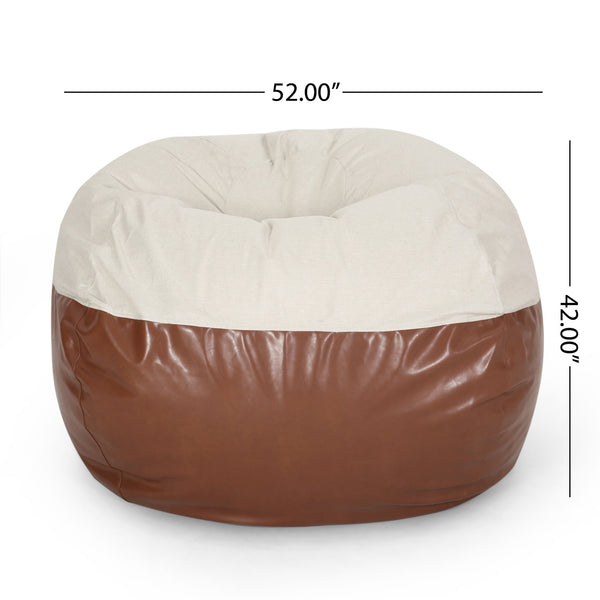 English Elm Maxi Rounded 5-Foot Faux Leather & Fabric Bean Bag Chair with Removable Washable Cover, Cozy Foam Filled Brown+Beige B181P163028