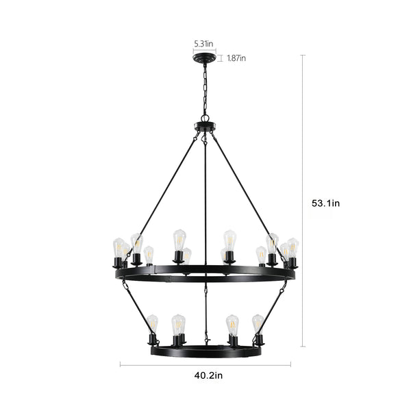 English Elm (NEW Retro 2-Tier Ironwork Chandelier 53" High x 40" Wide Industrial Exposed Bulb Fixture, 18-Lamp W1340P155440