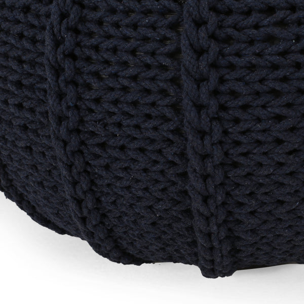 English Elm Bordeaux Knitted Cotton Round Pouf - Cozy Dark Blue Accent For Extra Seating & Stylish Decor B181P162898