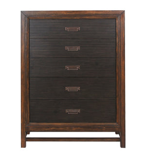 English Elm Five-Drawer Chest in Two-Tone Rustic Buckeye & Black Finish with Antique Brass Hardware, Ready-to-Use B108P163826