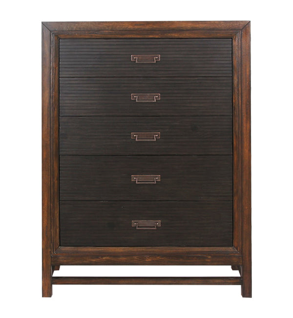 English Elm Five-Drawer Chest in Two-Tone Rustic Buckeye & Black Finish with Antique Brass Hardware, Ready-to-Use B108P163826