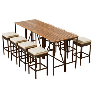 English Elm Go Acacia Wood Pe Rattan Bar Height Patio Set Eight Stools Foldable Outdoor Dining FG317873AAA