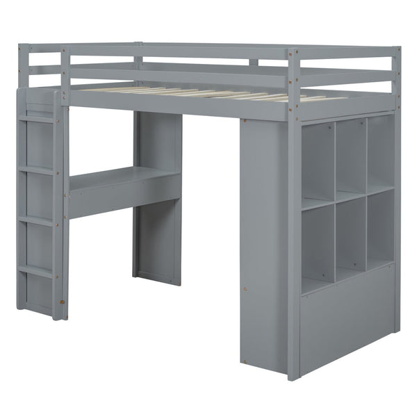 English Elm Full Size Loft Bed with Built-in Desk Shelves Led Lighting and Drawer Storage LT000367AAE