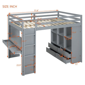 English Elm Full Size Loft Bed with Built-in Desk Shelves Led Lighting and Drawer Storage LT000367AAE