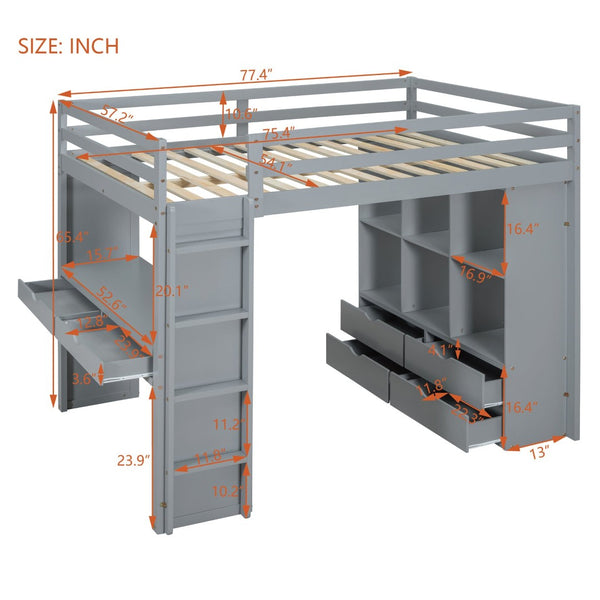 English Elm Full Size Loft Bed with Built-in Desk Shelves Led Lighting and Drawer Storage LT000367AAE