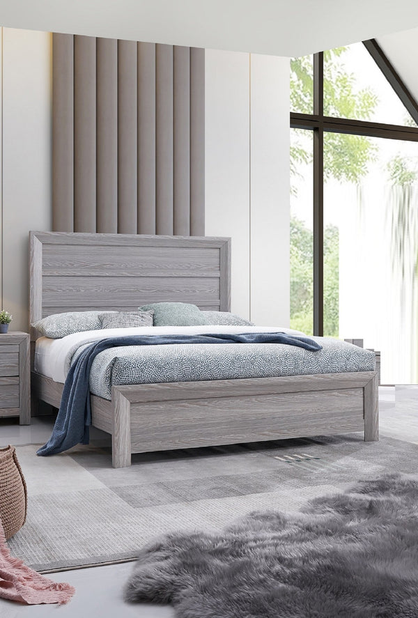 English Elm Rustic King Size Panel Bed with Contemporary Paneled Headboard, Clean Lines and Warm Wood Finish Gray 83 L x 39 W x 6.8 H B011S00803