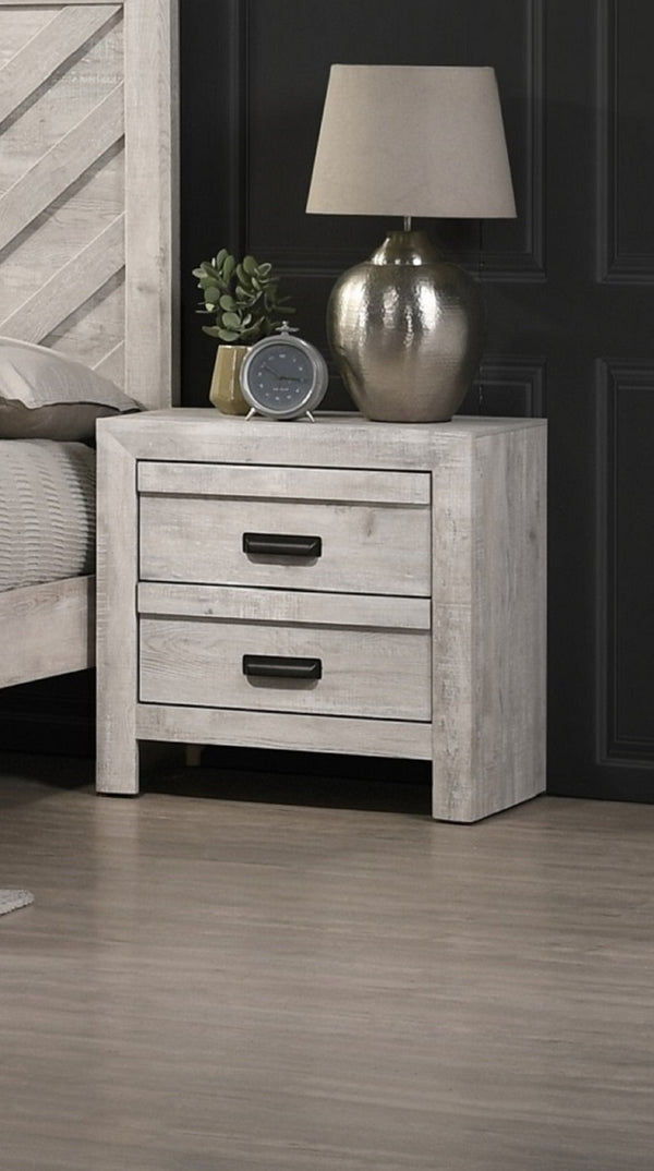 English Elm 1pc Contemporary Nightstand with Two Drawers and Metal Pulls — Compact Wooden Bedside Accent Table Beige Gray+White 26.5 L x 19 W x 27 H B011P163879