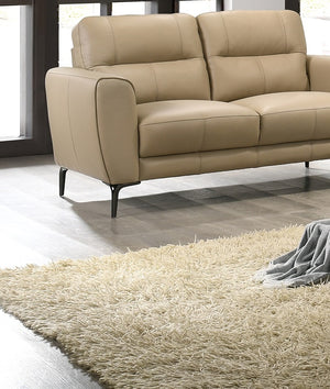 English Elm Taupe Top Grain Leather 2pc Sofa & Loveseat Set with Tufted Cushions, Chrome Legs, Contemporary Comfort B011S00811
