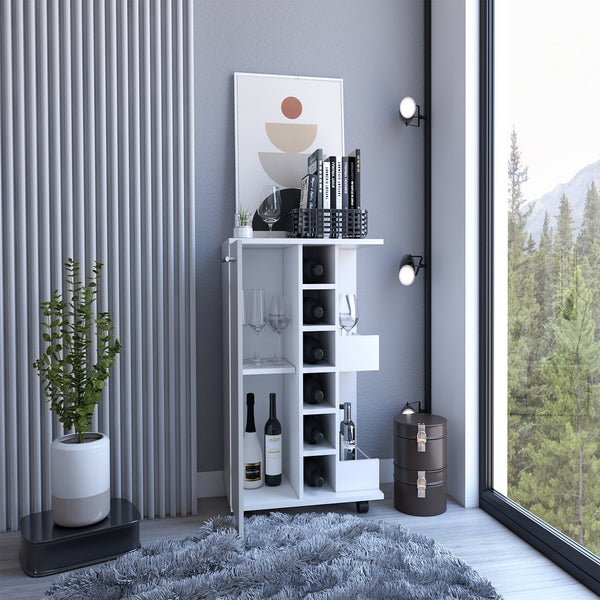 English Elm 32" White Bar-Coffee Cart with Locking Casters, Bottle Cubbies, Dual Open Shelves & Aluminum Front B097133080