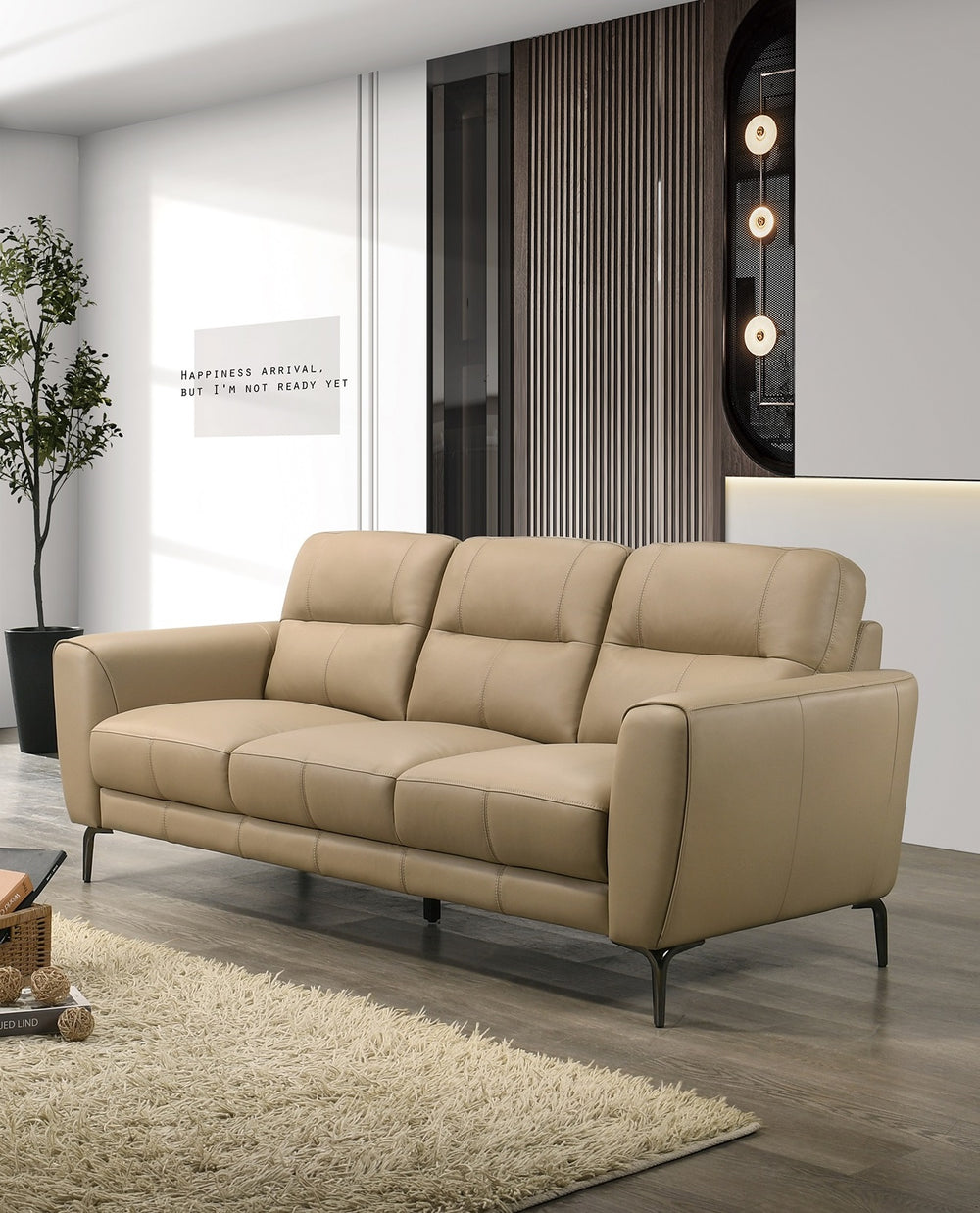English Elm Taupe Top Grain Leather 2pc Sofa & Loveseat Set with Tufted Cushions, Chrome Legs, Contemporary Comfort B011S00811