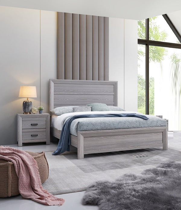 English Elm Rustic King Size Panel Bed with Contemporary Paneled Headboard, Clean Lines and Warm Wood Finish Gray 44.3 L x 39 W x 6.8 H B011S00805