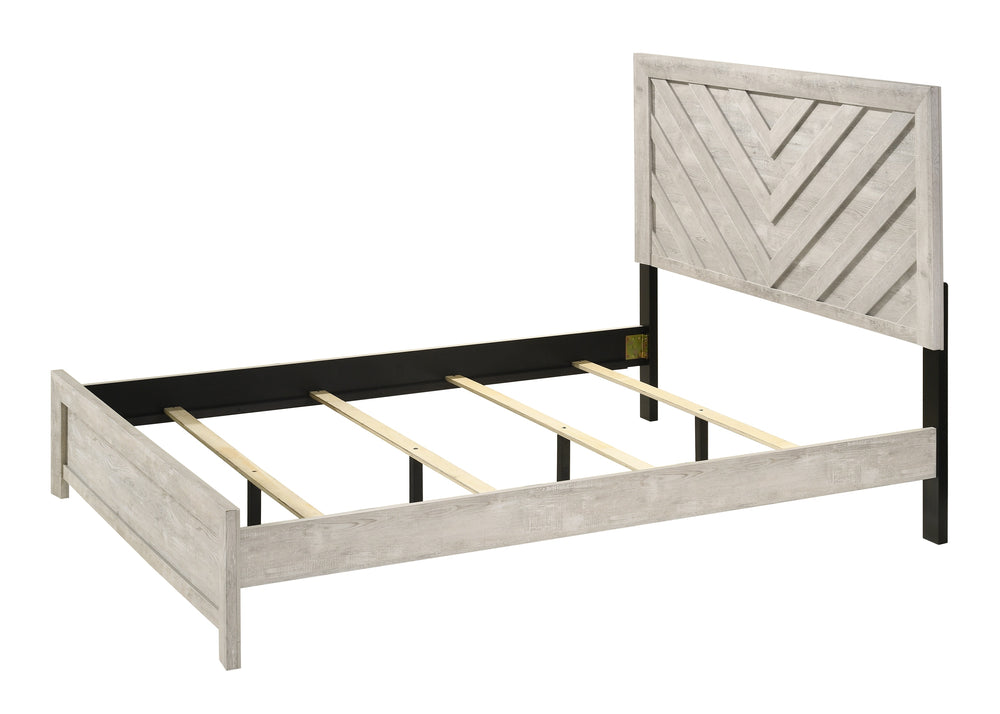 English Elm 1pc Queen Size Bed Rustic Beige Finish with Chevron Geometric Headboard, Low Footboard, Solid Wood Design B011S00806