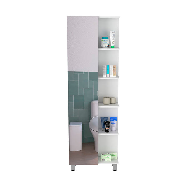 English Elm Linen 62" Tall White Bathroom Cabinet with Mirrored Door, 5 Open Shelves & 3 Adjustable Interior Shelves B097133205