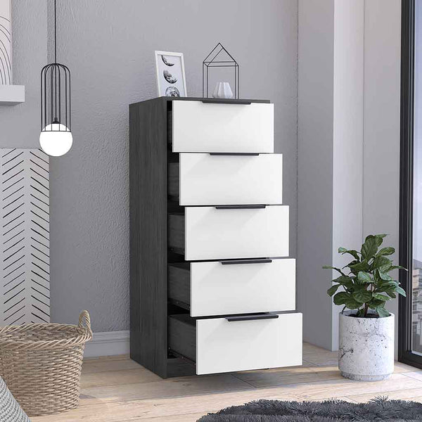 English Elm Dresser with 5 Spacious Drawers 42"H — Slim Vertical Storage in Light Oak Accent for Modern Spaces White 45.66 L x 21.25 W x 5.51 H B097133390