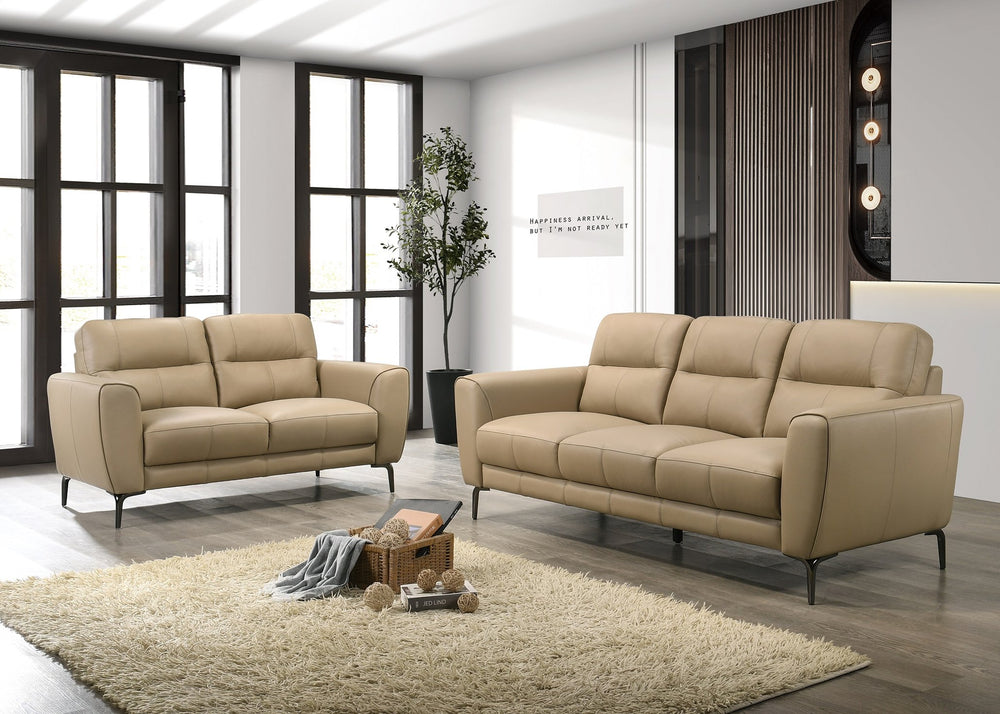 English Elm Taupe Top Grain Leather 2pc Sofa & Loveseat Set with Tufted Cushions, Chrome Legs, Contemporary Comfort B011S00811