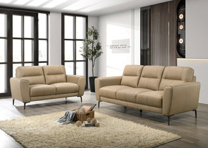 English Elm Taupe Top Grain Leather 2pc Sofa & Loveseat Set with Tufted Cushions, Chrome Legs, Contemporary Comfort B011S00811