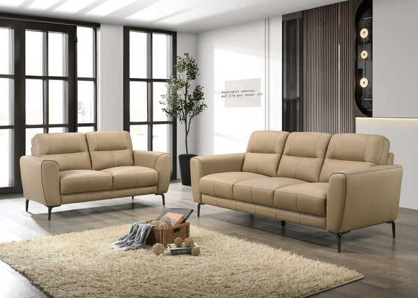 English Elm Taupe Top Grain Leather 2pc Sofa & Loveseat Set with Tufted Cushions, Chrome Legs, Contemporary Comfort B011S00811