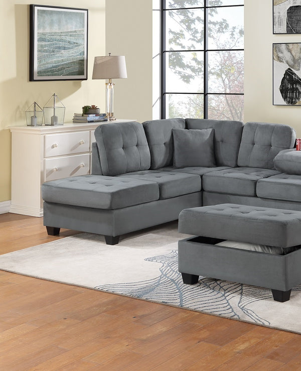 English Elm Dark Gray Plush Microfiber Sectional Sofa Set with Reversible Chaise, Cup Holders, Ottoman Storage and Pillows B011S00812