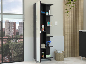 English Elm Urano Linen Storage Cabinet with Mirrored Door, Five Open Shelves & Adjustable Interior for Small Spaces Black 63.4 L x 16.5 W x 6.3 H B20091992