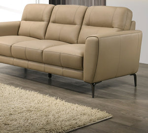 English Elm Taupe Top Grain Leather 2pc Sofa & Loveseat Set with Tufted Cushions, Chrome Legs, Contemporary Comfort B011S00811