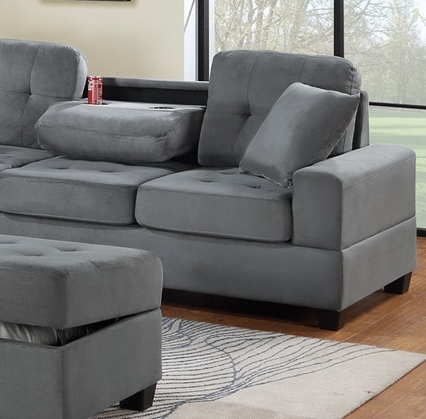 English Elm Dark Gray Plush Microfiber Sectional Sofa Set with Reversible Chaise, Cup Holders, Ottoman Storage and Pillows B011S00812