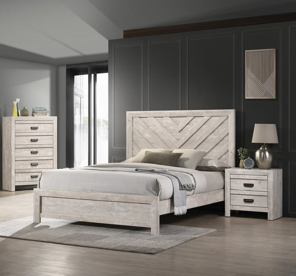 English Elm 1pc Queen Size Bed Rustic Beige Finish with Chevron Geometric Headboard, Low Footboard, Solid Wood Design B011S00806