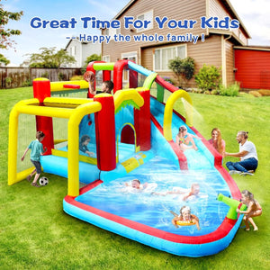 English Elm 7 in 1 Inflatable Backyard Water Park with Slide Splash Pool Climbing Wall and Bouncer W167790010