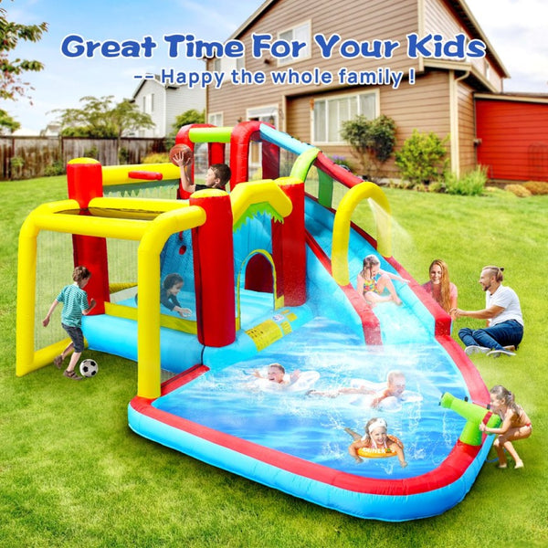 English Elm 7 in 1 Inflatable Backyard Water Park with Slide Splash Pool Climbing Wall and Bouncer W167790010