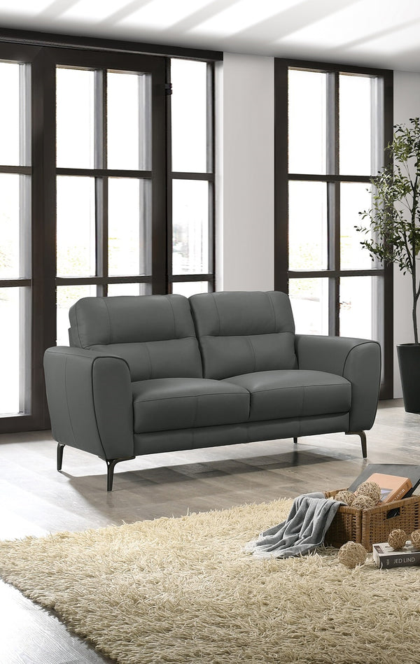 English Elm Anthracite Top Grain Leather 2pc Sofa & Loveseat Set with Tufted Cushions, Chrome Legs, Plush Comfort B011S00810