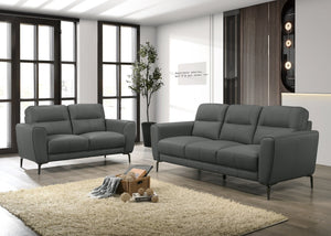 English Elm Anthracite Top Grain Leather 2pc Sofa & Loveseat Set with Tufted Cushions, Chrome Legs, Plush Comfort B011S00810