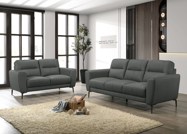 English Elm Anthracite Top Grain Leather 2pc Sofa & Loveseat Set with Tufted Cushions, Chrome Legs, Plush Comfort B011S00810