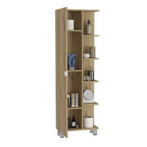 English Elm Urano Mirrored Linen Cabinet with 4 Interior Adjustable Shelves and 5 Open Exterior Storage Shelves Beige 63.4 L x 16.9 W x 5.9 H B20091989