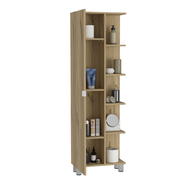 English Elm Urano Mirrored Linen Cabinet with 4 Interior Adjustable Shelves and 5 Open Exterior Storage Shelves Beige 63.4 L x 16.9 W x 5.9 H B20091989