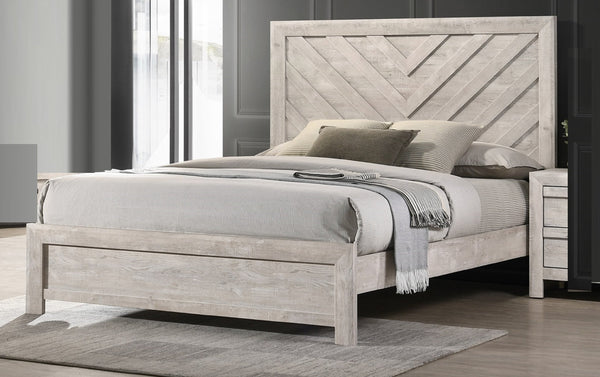 English Elm 1pc King Size Bed Rustic Beige Finish with Chevron Headboard, Low Footboard, Solid Wood Geometric Design B011S00807