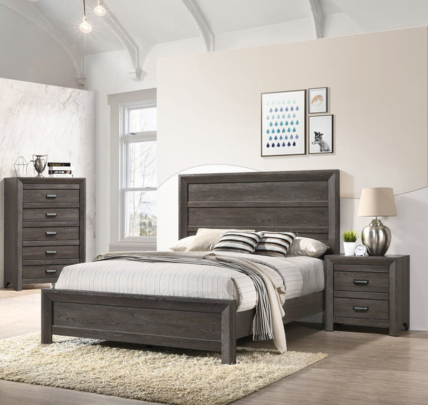 English Elm Rustic Queen Size Panel Bed with Paneled Headboard Gray-Brown Finish, Contemporary Clean Lines B011S00799
