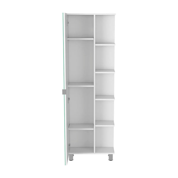 English Elm Linen 62" Tall White Bathroom Cabinet with Mirrored Door, 5 Open Shelves & 3 Adjustable Interior Shelves B097133205