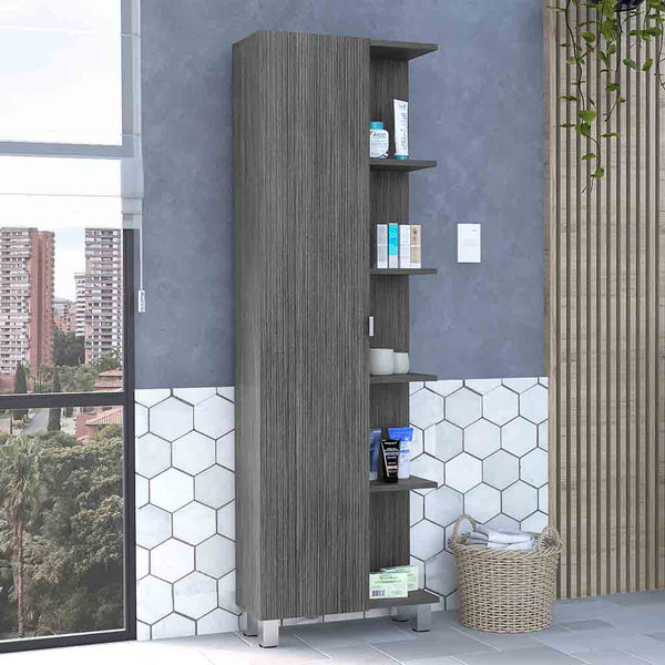 English Elm Urano Linen Storage Cabinet with Mirrored Door, Five Open Shelves & Adjustable Interior for Small Spaces Gray 63.8 L x 16.9 W x 5.5 H B20091990