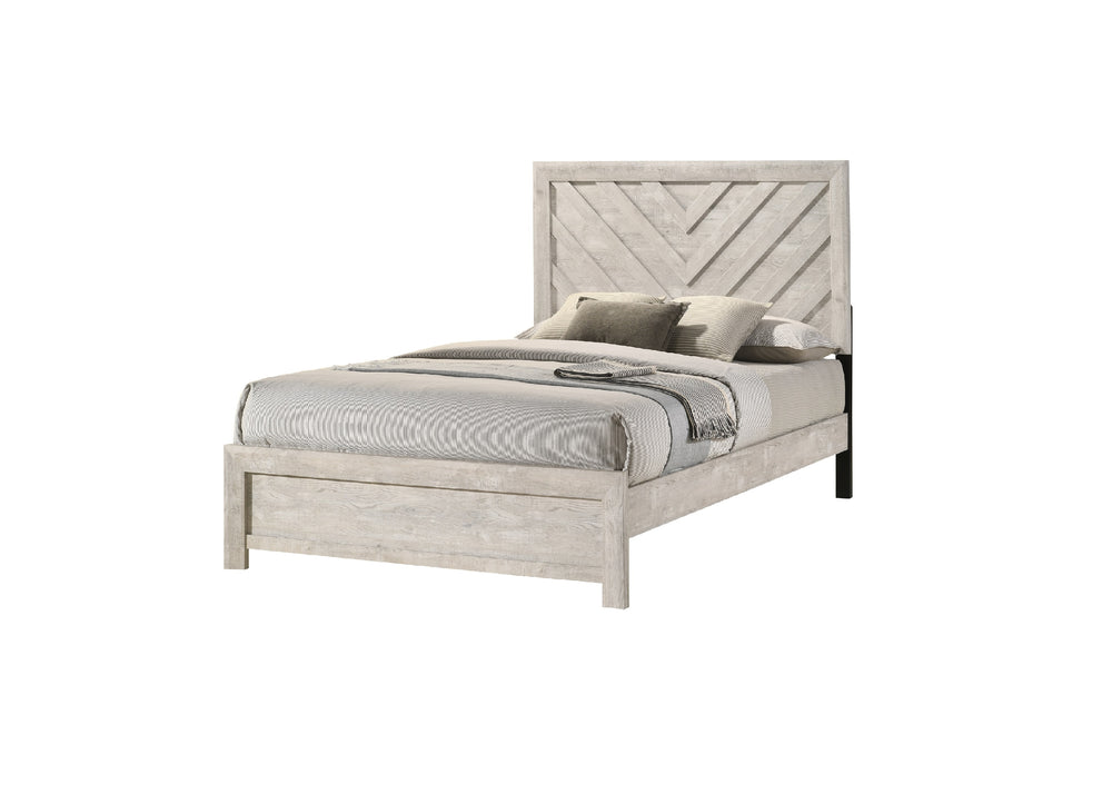 English Elm 1pc Twin Size Bed Rustic Beige Finish with Chevron Headboard Accent, Low Footboard, Solid Wood Design B011S00809