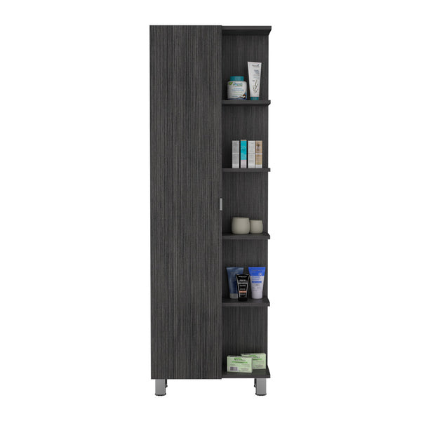 English Elm Urano Linen Storage Cabinet with Mirrored Door, Five Open Shelves & Adjustable Interior for Small Spaces Gray 63.8 L x 16.9 W x 5.5 H B20091990