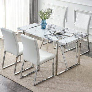 English Elm Modern 55" Faux Marble Dining Table for 4 - Rectangular MDF Top, Steel Legs, 300lb Capacity, Easy 30-Min Assembly, White Silver Finish WF312268AAK