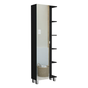 English Elm Urano Linen Storage Cabinet with Mirrored Door, Five Open Shelves & Adjustable Interior for Small Spaces Black 63.4 L x 16.5 W x 6.3 H B20091992