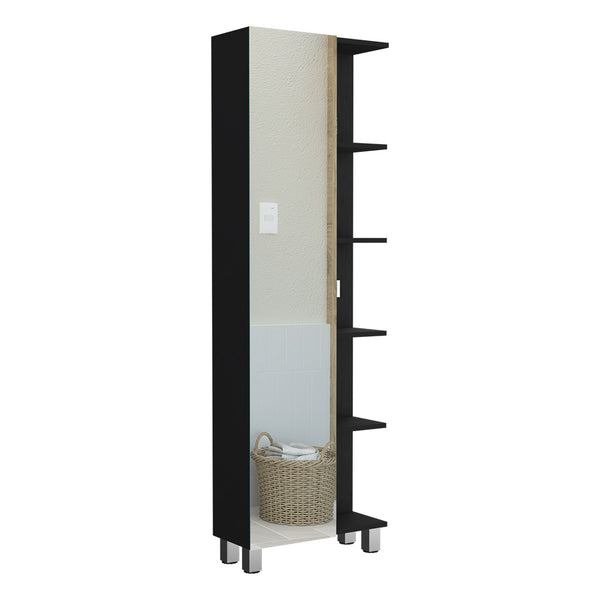 English Elm Urano Linen Storage Cabinet with Mirrored Door, Five Open Shelves & Adjustable Interior for Small Spaces Black 63.4 L x 16.5 W x 6.3 H B20091992