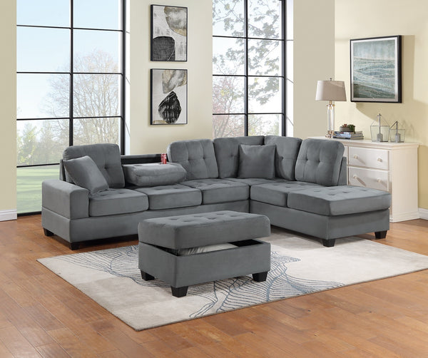 English Elm Dark Gray Plush Microfiber Sectional Sofa Set with Reversible Chaise, Cup Holders, Ottoman Storage and Pillows B011S00812
