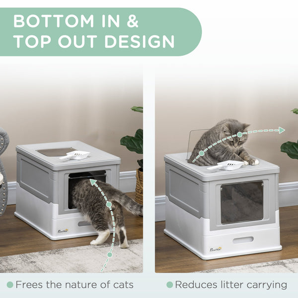 English Elm PawHut Enclosed Cat Litter Box with Scoop, Odor-Blocking Hooded Pet Toilet, Top Entry & Slide Tray Gray W2225P166349